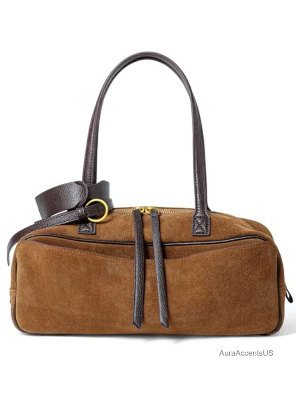 Genuine Suede Leather Bowler Shoulder Bag for Women Soft East West Handbag with